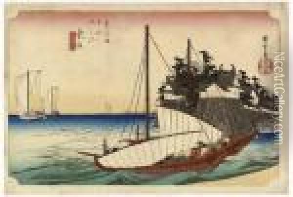 Kuwana Shichiri Watashiguchi Oil Painting - Utagawa or Ando Hiroshige