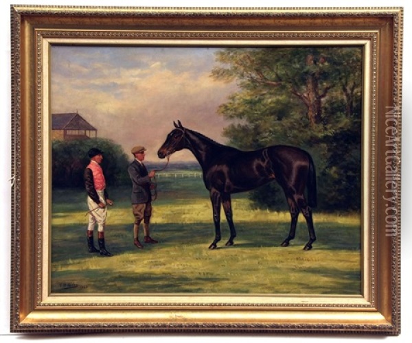 Racehorse Portrait With Jockey - Herbert Jones And Trainer - Dick Marsh Oil Painting - Geoffrey Douglas Giles