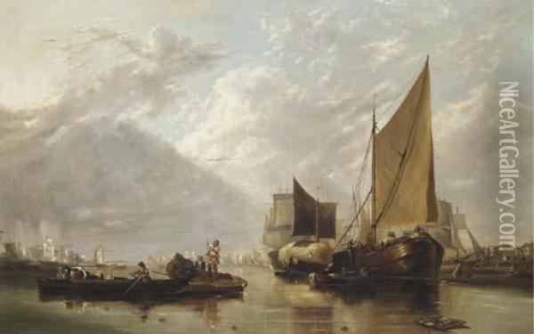 Ships At Anchor In A Dutch Estuary Oil Painting - James Webb