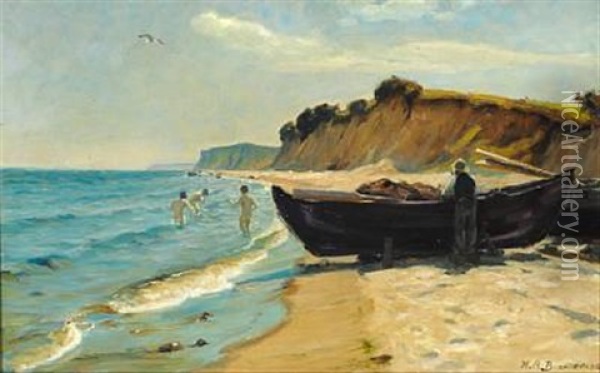 Summer Day At The Beach With Boys Bathing And A Fisherman At His Boat Oil Painting - Hans Andersen Brendekilde