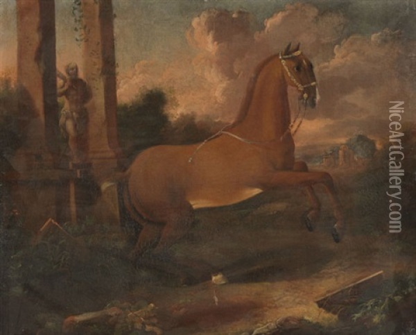 Pferdeportraits Vor Palastgartenarchitektur (4 Works) Oil Painting - Johann Georg de Hamilton
