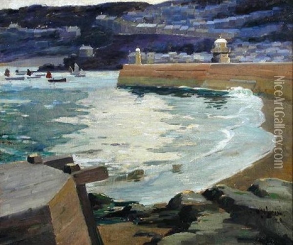 St. Ives Harbor, Evening Oil Painting - W.H. Ludlow