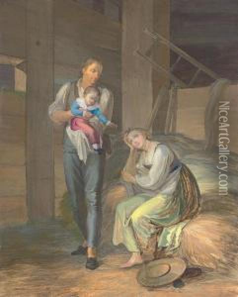 A Young Farmer And His Family Relaxing In A Barn Oil Painting - Johann Georg Volmar