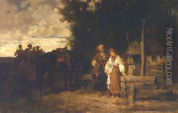 Pozegnanie (Kozak konia poil) Oil Painting - Josef von Brandt