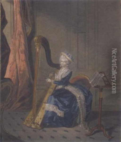 A Young Woman Playing A Harp In An Interior Oil Painting - Jean Laurent Mosnier
