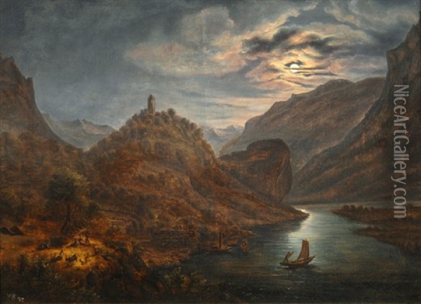 Ideal Fluvial Landscape In Moonlight Oil Painting - Wilhelm Ferdinand Xylander