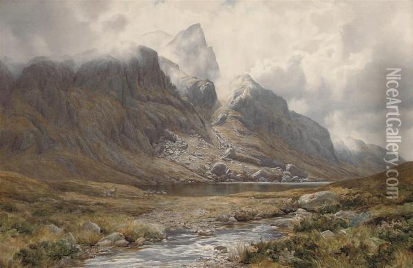Deer Grazing Before The North Face Of Beinn Aridh Charr,ross-shire Oil Painting - Percy Dixon