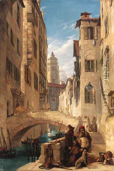 View of a Venetian canal with a religious procession on a bridge, and a monk at the foot of the steps Oil Painting - John Scarlett Davis