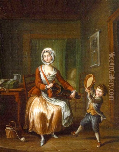 Jeune Femme Jouant De La Vielle Tandis Que Son Petit Garcon Danse En Jouant Du Tambourin Oil Painting - Jean Baptiste Lallemand