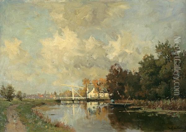 A Fisherman Along A Dutch Canal Oil Painting - Fredericus Jacobus Van Rossum Du Chattel