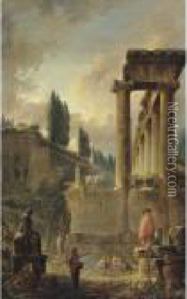 Figures Among Ruins, Including 
An Ancient Colonnade, With A Row Of Poplars In The Distance Oil Painting - Hubert Robert