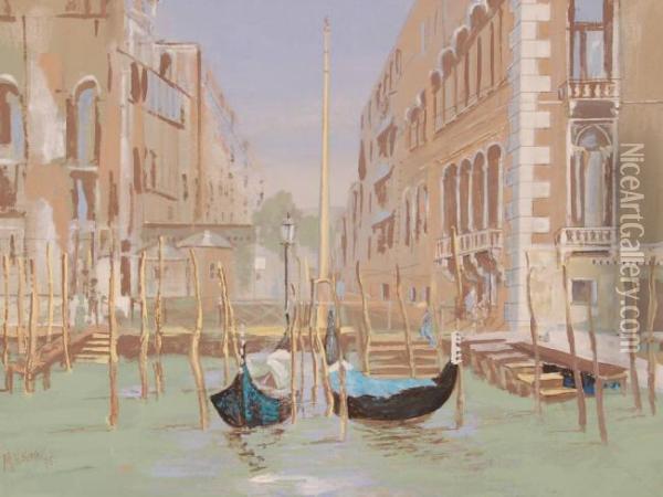 Moored Gondolas In Venice Oil Painting - William King Amsden