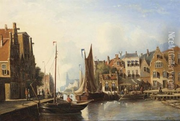 A Busy Canal In A Dutch Town Oil Painting - Johannes Frederik Hulk the Elder