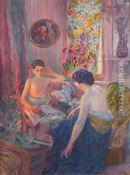 Conversation Dans Un Interieur Fleuri Oil Painting - Raphael Bauduin
