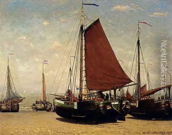 The Bomschuit Prinses Sophie On The Beach, Scheveningen Oil Painting - Hendrik Willem Mesdag
