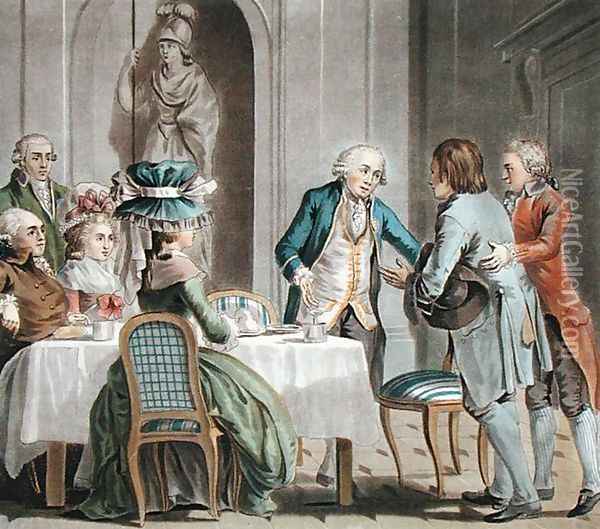 The Comte de Vaux 1705-88 offers food and drink to a farmer, engraved by Jean Baptiste Morret fl.1790-1820, 1789 Oil Painting - Antoine Louis Francois Sergent-Marceau