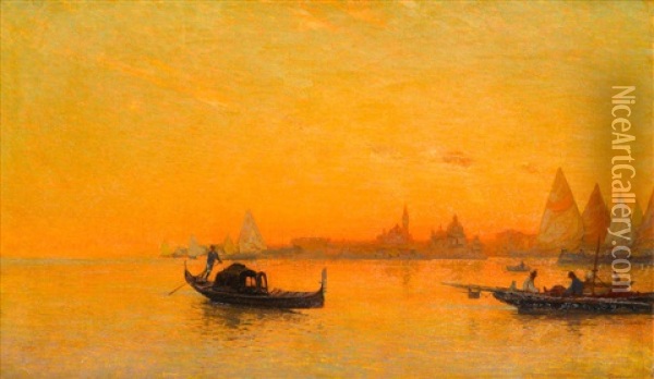 A View Of Venice At Sunset Oil Painting - Mariano Barbasan Lagueruela