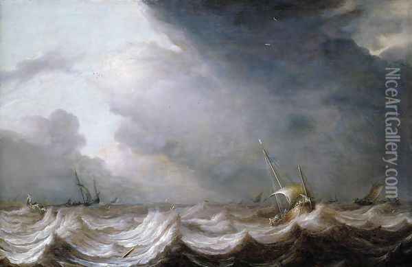 Dutch Vessels at Sea in Stormy Weather Oil Painting - Pieter the Elder Mulier