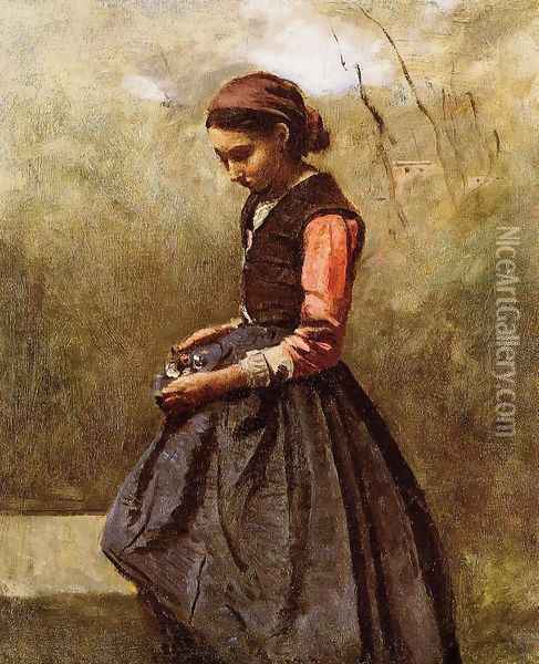 Pensive Young Woman Oil Painting - Jean-Baptiste-Camille Corot