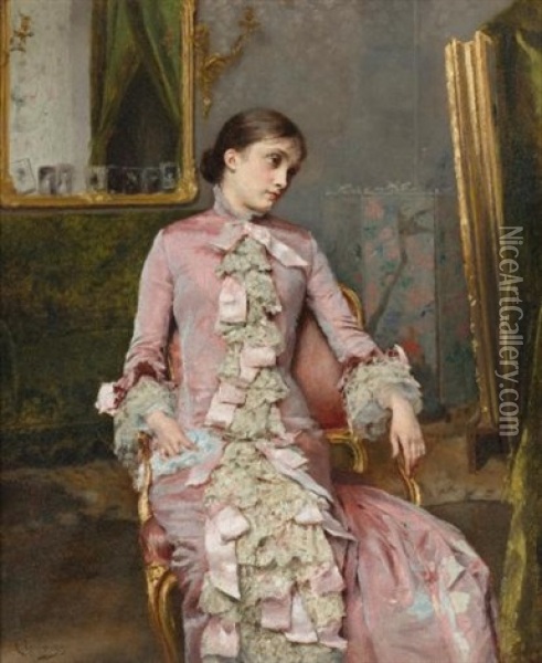 Lady In Pink Oil Painting - Rogelio De Egusquiza