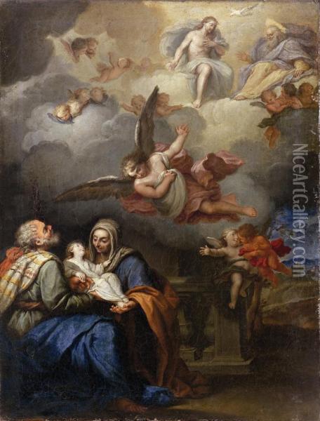Sacra Famiglia E La Trinita Con Angeli Oil Painting - Giovan Battista Discepoli Lo Zoppo Da Lugano