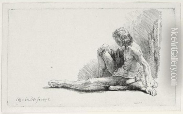 A Nude Man Seated On The Ground 
With One Leg Extended (b. 196, Holl. 196; H. 221; Bb. 46c) Oil Painting - Rembrandt Van Rijn
