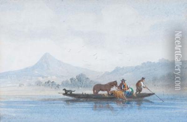 A Family And Domestic Animals On A Boat Oil Painting - Jules Achille-Noel