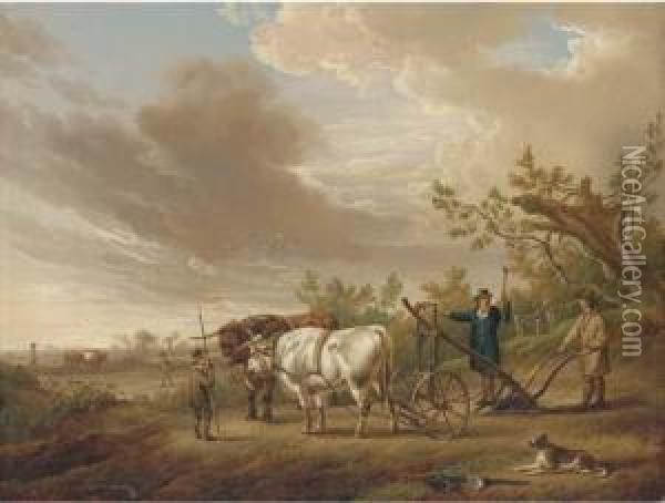 Oxen Harnessed To A Plough Oil Painting - Charles Towne