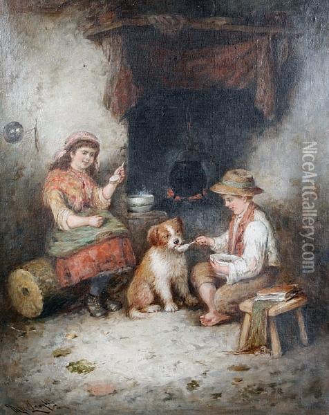 A Shared Supper; The Travelling Tinker Oil Painting - Mark W. Langlois