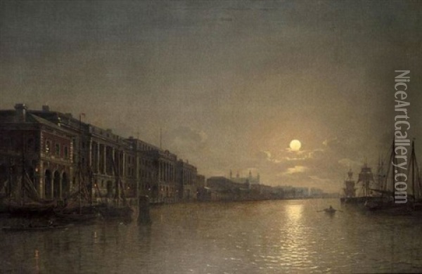 Somerset House And The Thames By Moonlight Oil Painting - Henry Pether