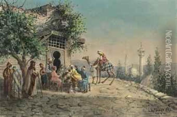An Arab Gathering Before A Mosque Oil Painting - Leonardo De Mango
