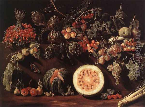 Fruit, Vegetables and a Butterfly c. 1620 Oil Painting - Pietro Paolo Bonzi