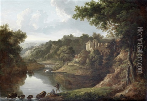 A Wooded Landscape With Fishermen In The Foreground, Horses Watering Before A Waterfall And A Ruined Gothic Building Beyond Oil Painting - Sebastian Pether