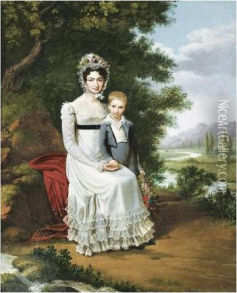Portrait D'une Femme Et De Son Enfant Oil Painting - Edouard Pingret