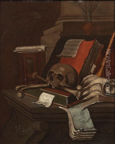 A Still Life With A Skull, Bones, Books, Musical Manuscript, Sand Clock And Papers On A Sculpted Ledge Oil Painting - R.A. Chandler