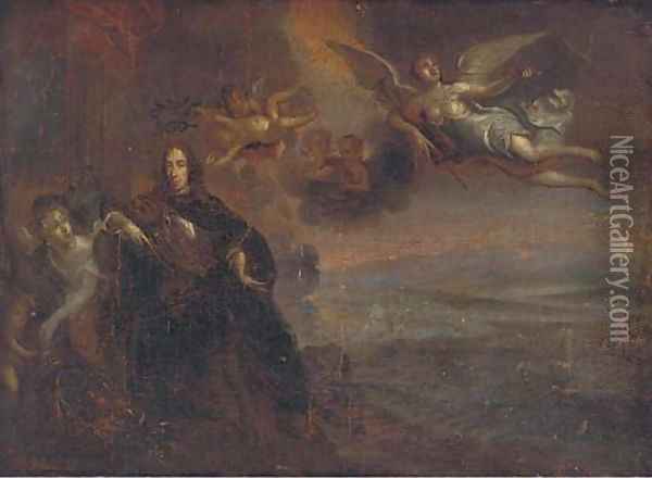 William of Orange landed by angels, a battlefield beyond Oil Painting - William Wissing or Wissmig