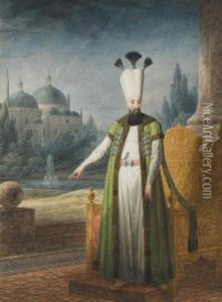 Portrait Of Sultan Abd-ul Hamid I
 Standing In Front Of A Golden Throne, A Domed Palace In The Distance Oil Painting - Jean-Baptiste Hilaire
