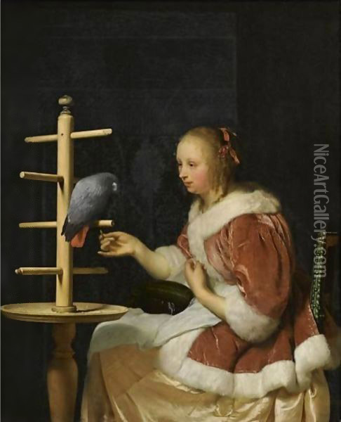 A Young Woman In A Red Jacket Feeding A Parrot Oil Painting - Frans van Mieris