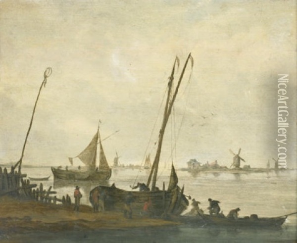 Fishermen Mooring Their Boats On The Bank Of A River Oil Painting - Jacob Esselens