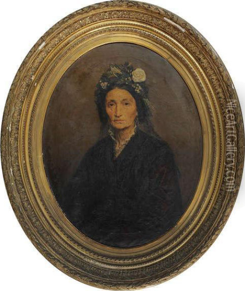Portret Van Een Oudere Dame Met Witte Roos In Het Haar Oil Painting - Eugene Siberdt