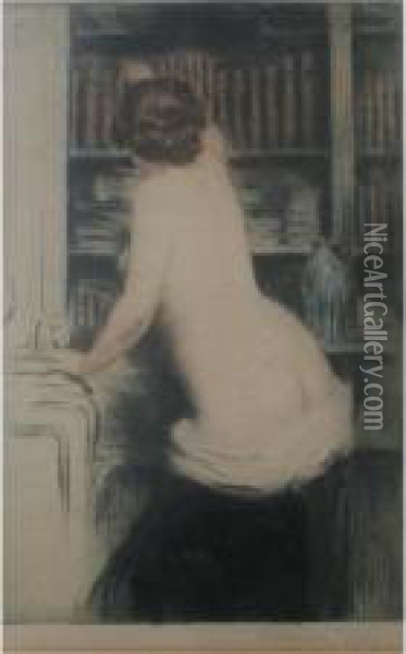 Nude In A Library Oil Painting - Manuel Robbe