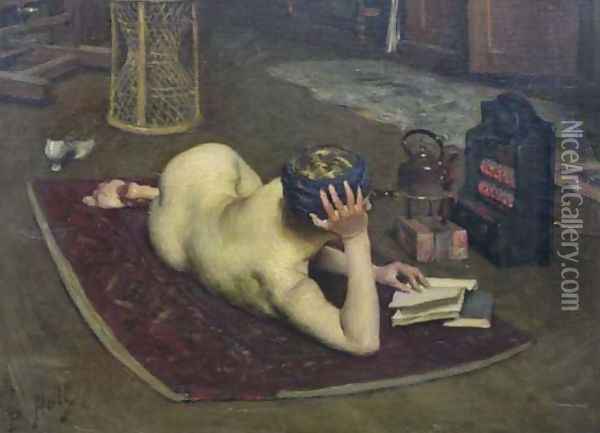 Nude Reading at Studio Fire Oil Painting - Bernard Hall
