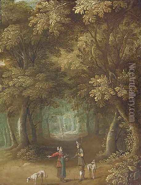 A wooded landscape with travellers on a path Oil Painting - Jasper van der Lanen