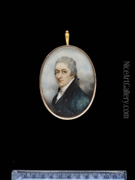 A Gentleman Called George Robert Boehm Berney, Wearing Green-blue Coat With Brass Buttons, White Waistcoat And Cravat, His Powdered Hair Worn En Queue With A Small Black Ribbon Oil Painting - Andrew Plimer