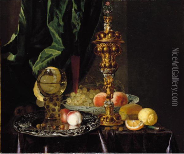 A Still Life Of Peaches, Grapes, A Lemon, A Segment Of Orange, Hazelnuts And A Bread Roll, Together With A Roemer, A Large Gold Oil Painting - Simon Luttichuys