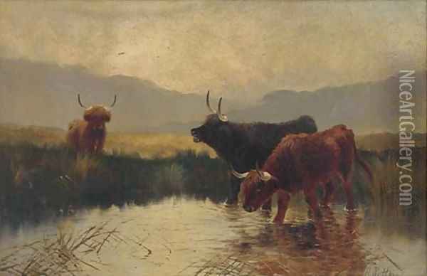 Cattle watering in a Highland landscape Oil Painting - Henry R. Hall
