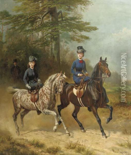 Reiterbild: Elegant Ladies On Horseback Oil Painting - Conrad Freyberg