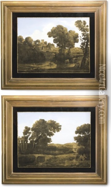 A Pair Of Verre Eglomise Pictures After Paintings By Claude Lorrain Oil Painting - Claude Lorrain