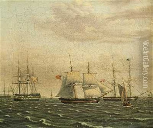 Marine Med Talrige Skibe Oil Painting - Hans Peter Thorsoe