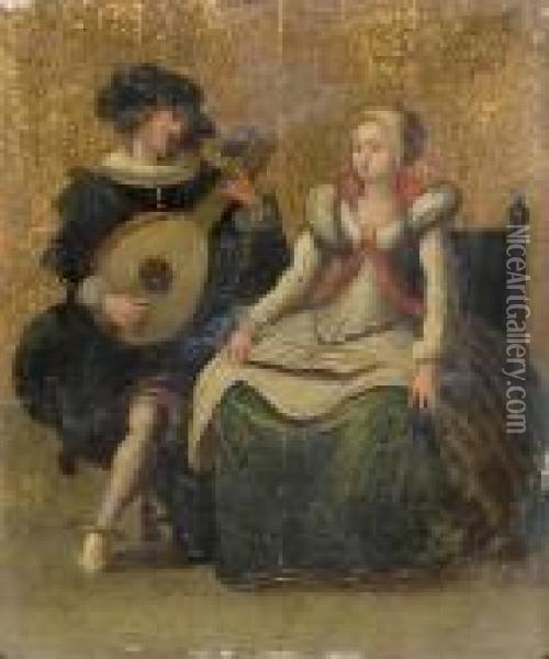An Elegant Couple Playing Music In An Interior Oil Painting - Louis de Caullery